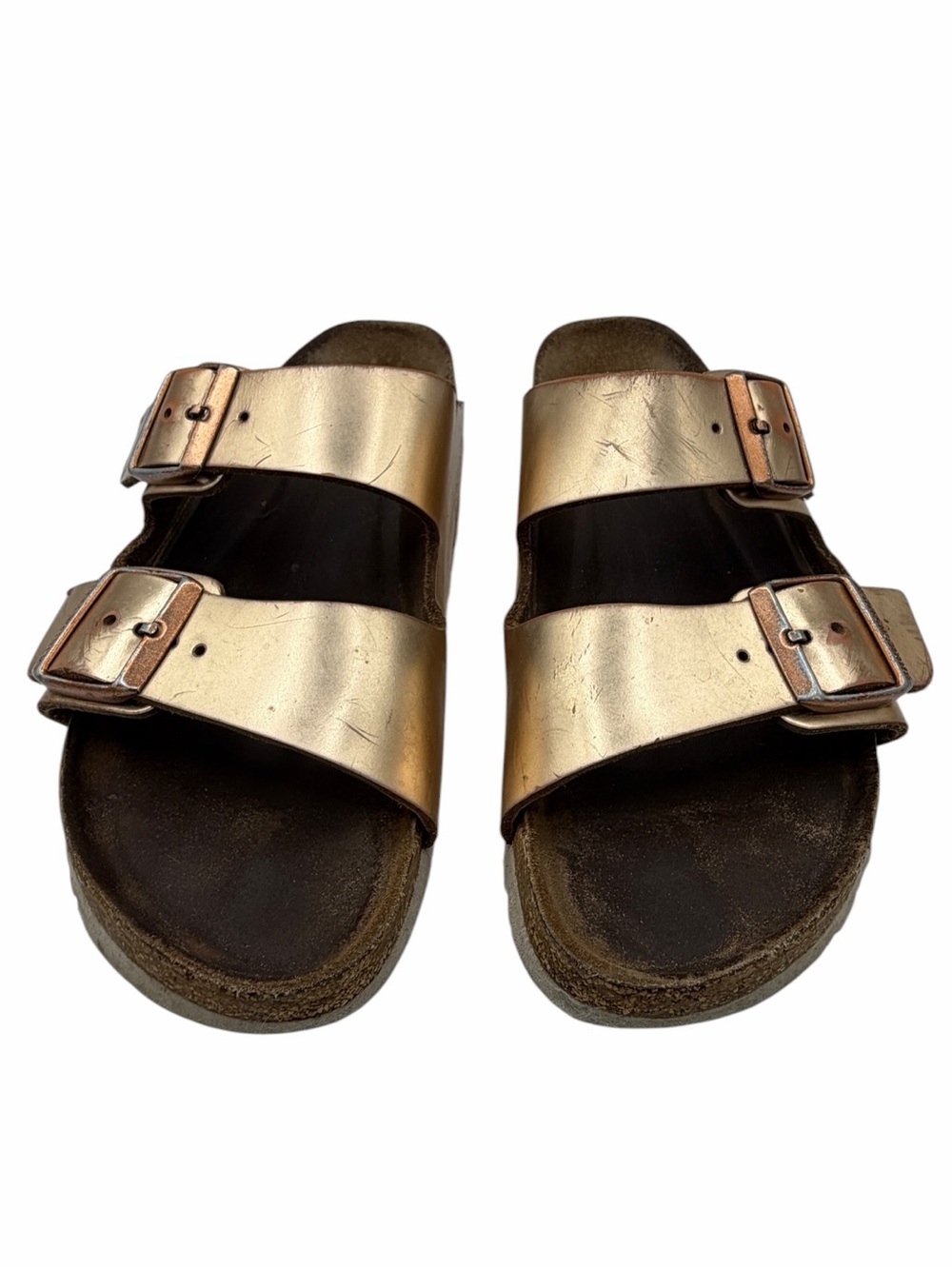 Metallic Double-Buckle Slide Sandals - Rose Gold - Size 39